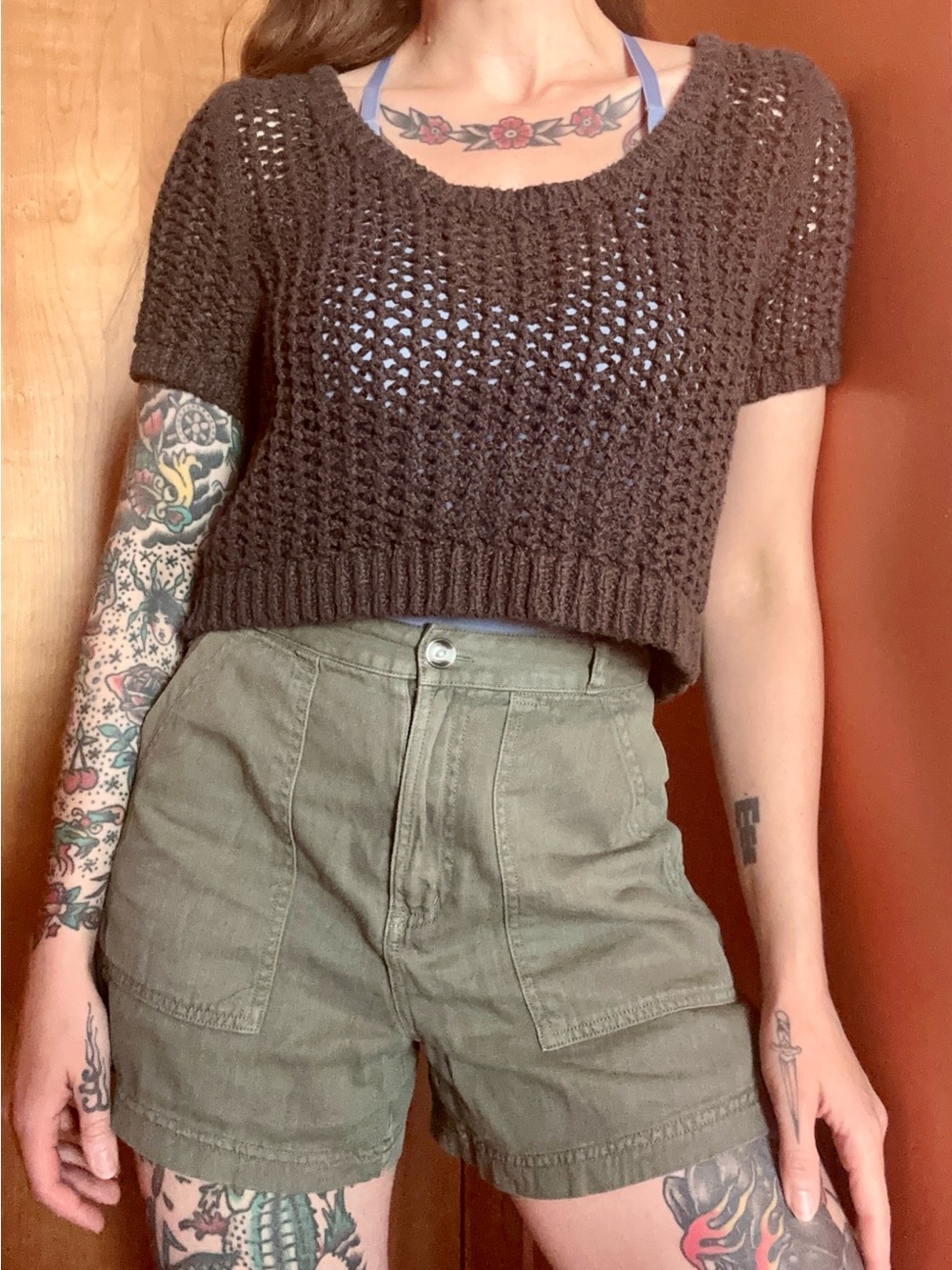 Free People Brown Cropped Open-Knit Short Sleeve Crocheted Top